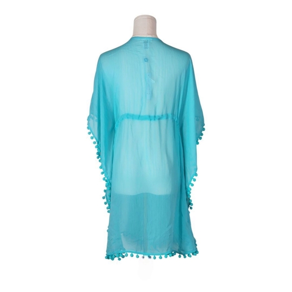 Bleu Rod Beattie Turquoise Pom Pom Trim Sheer Beach Cover Up Size S - Picture 4 of 9
